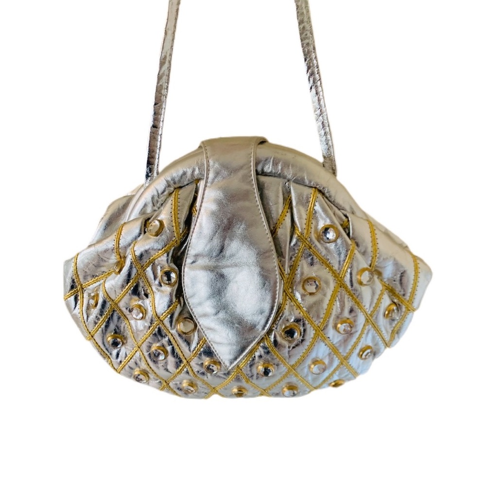 Vtg 80’s Metallic Silver Rhinestones Crossbody Purse Clutch